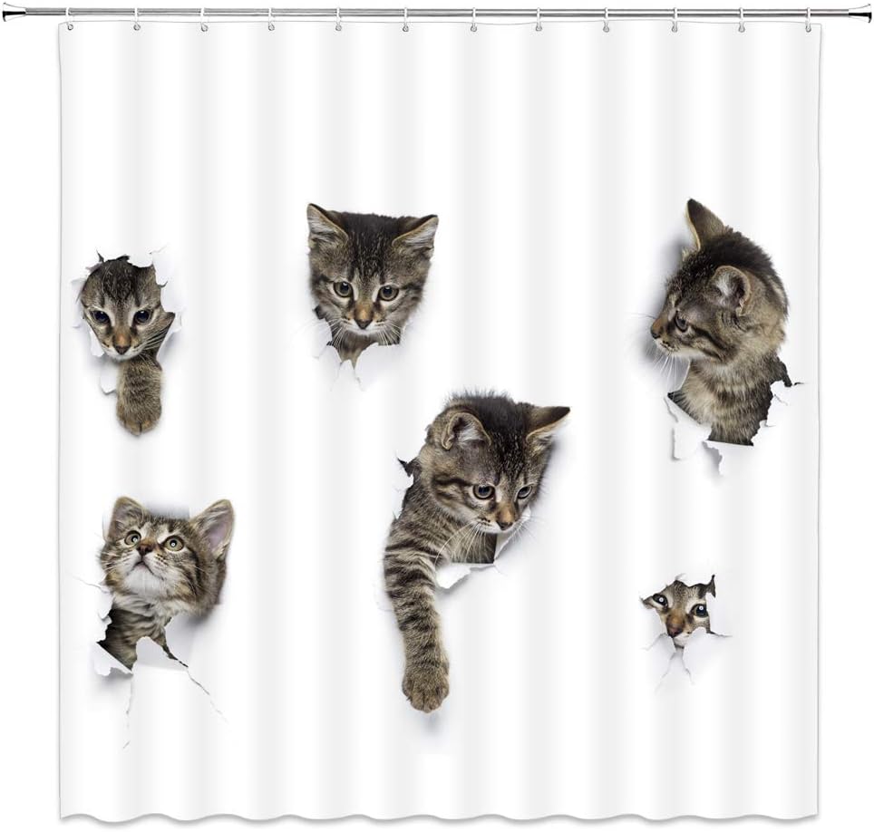 Amazon Com Amnysf Cute Cats Decor Shower Curtain Pet Kitten In Wallpaper Hole Funny Animals Fabric Bathroom Curtains 70x70 Inch Polyester With Hooks Home Kitchen