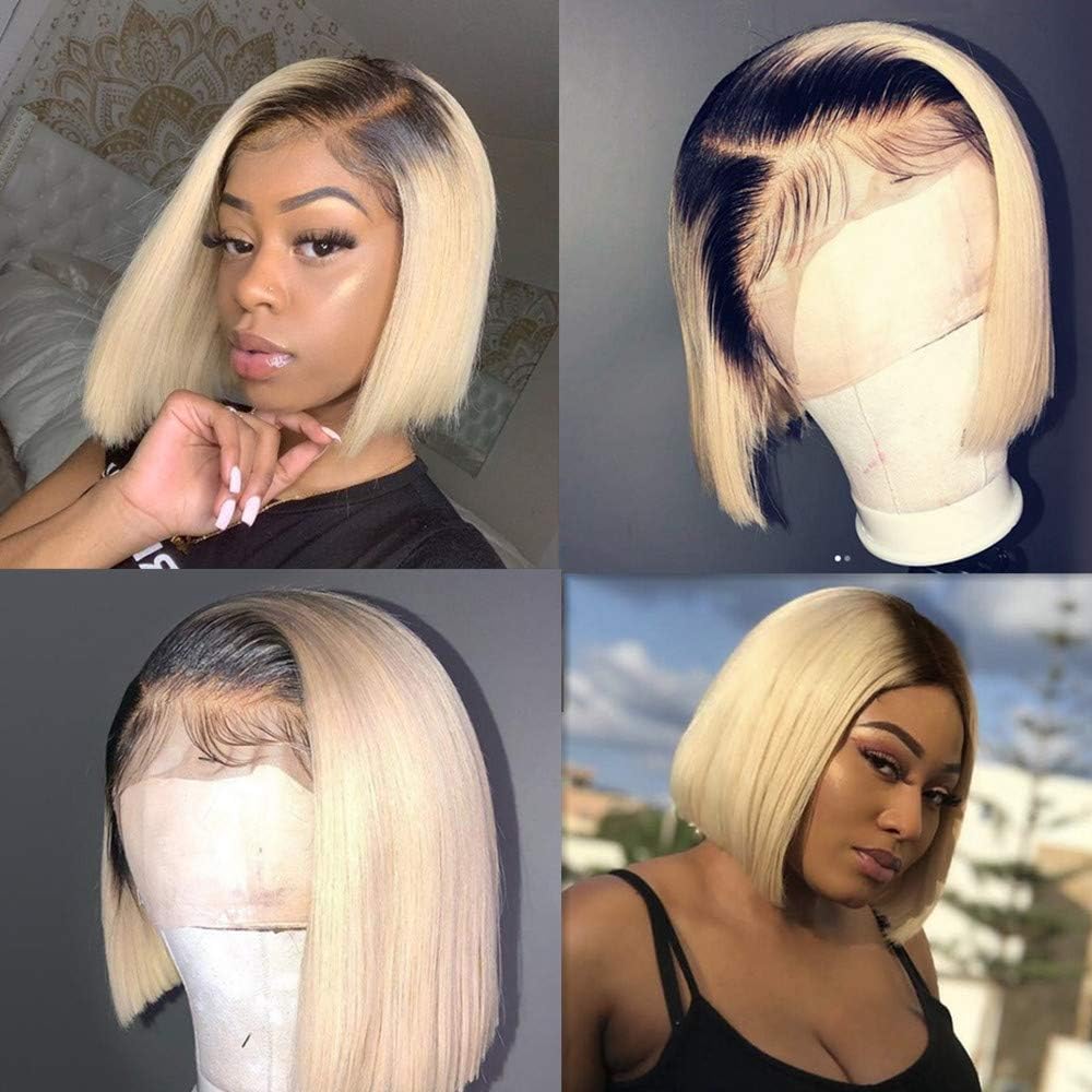 Usexy Straight Human Hair Ombre Blonde Lace Front Wigs with Baby Hair Short Bob 1B/613 Two Tone Brazilian Virgin Hair For Women Bleached Knots (12inch, Lace front wig)