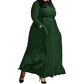 FANDEE Plus Size Maxi Dress for Women Classy High Waist Wedding Guest Dress Casual High Neck Long Sleeve Swing Dresses