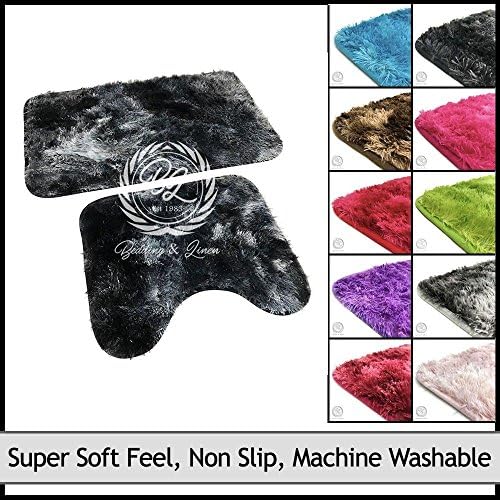 Cotton Mills 2PC Shaggy Bath Mat Set Non Slip Soft Bathroom Rugs Washable Pedestal Twist Toilet Anti Skid PVC