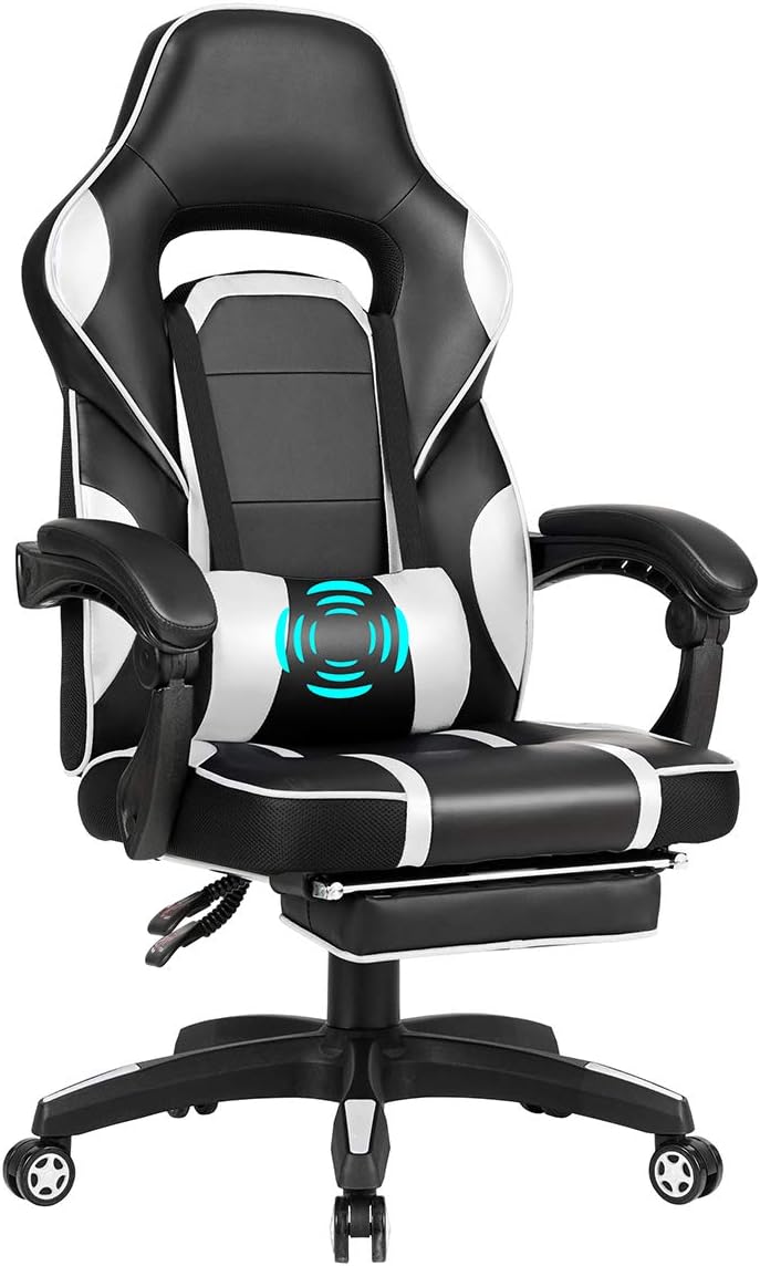 Amazon Com Giantex Massage Gaming Chair Massage Lumbar Cushion And Retractable Footrest Racing Style Ergonomic High Back Office Chair Adjustable Back Angle And Armrest Executive Computer Chair White Kitchen Dining