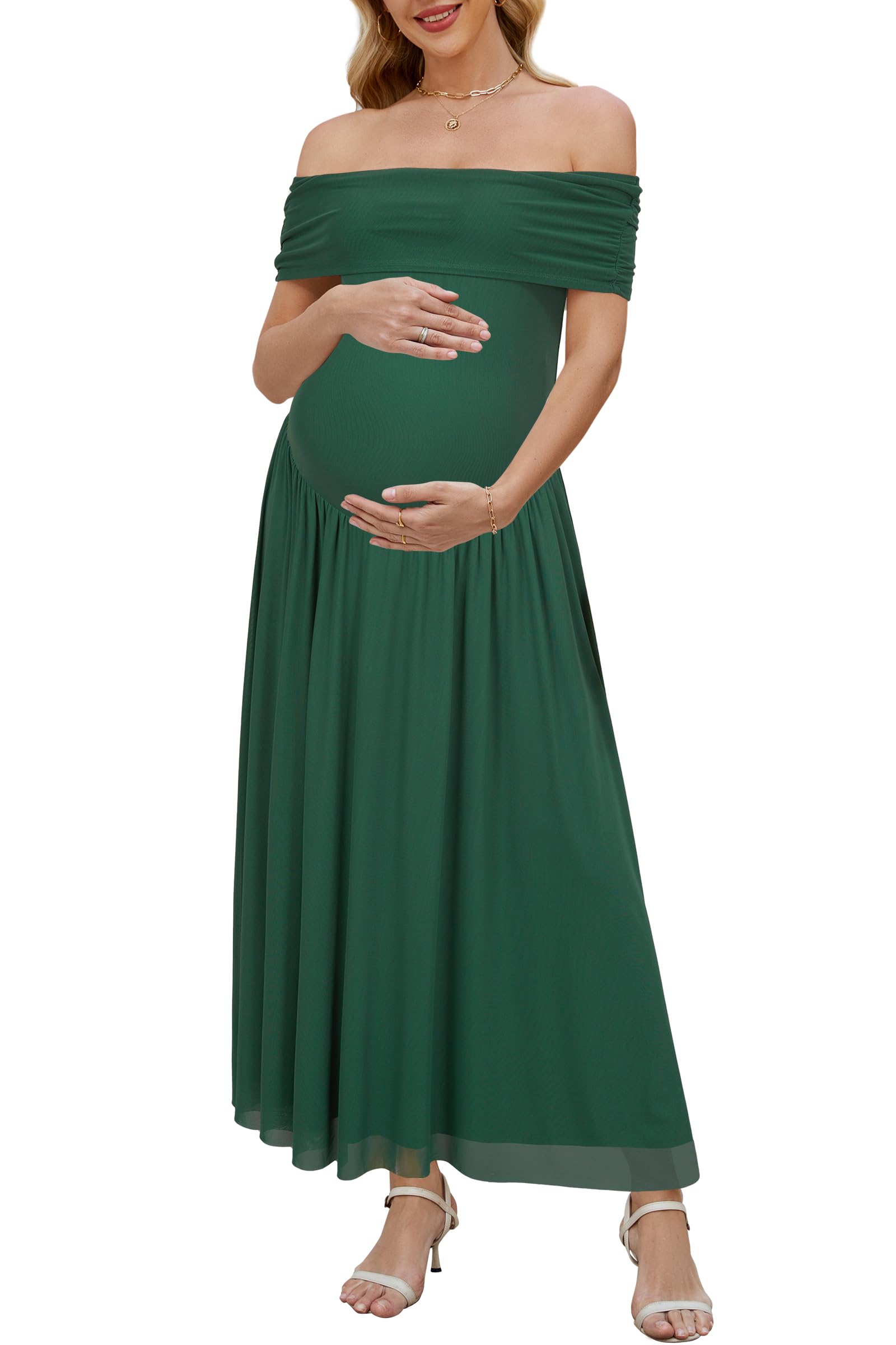 Photo 1 of OUGES Women's 2025 Summer Spring Off The Shoulder Mesh Maxi Maternity Baby Shower Dresses for Photoshoot Wedding Guest Sleeveless Formal Pleated Long Pregnancy Must Have Clothes(Dark Green,S)