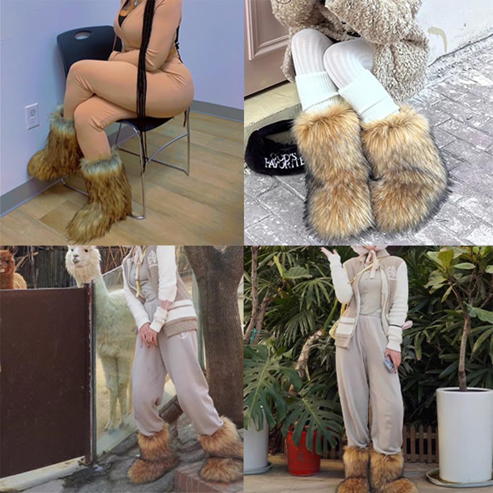 Valpeak Snow Boots for Women 2024 Furry Boots Winter Knee High Flat Heel Fluffy Faux Fur Boots