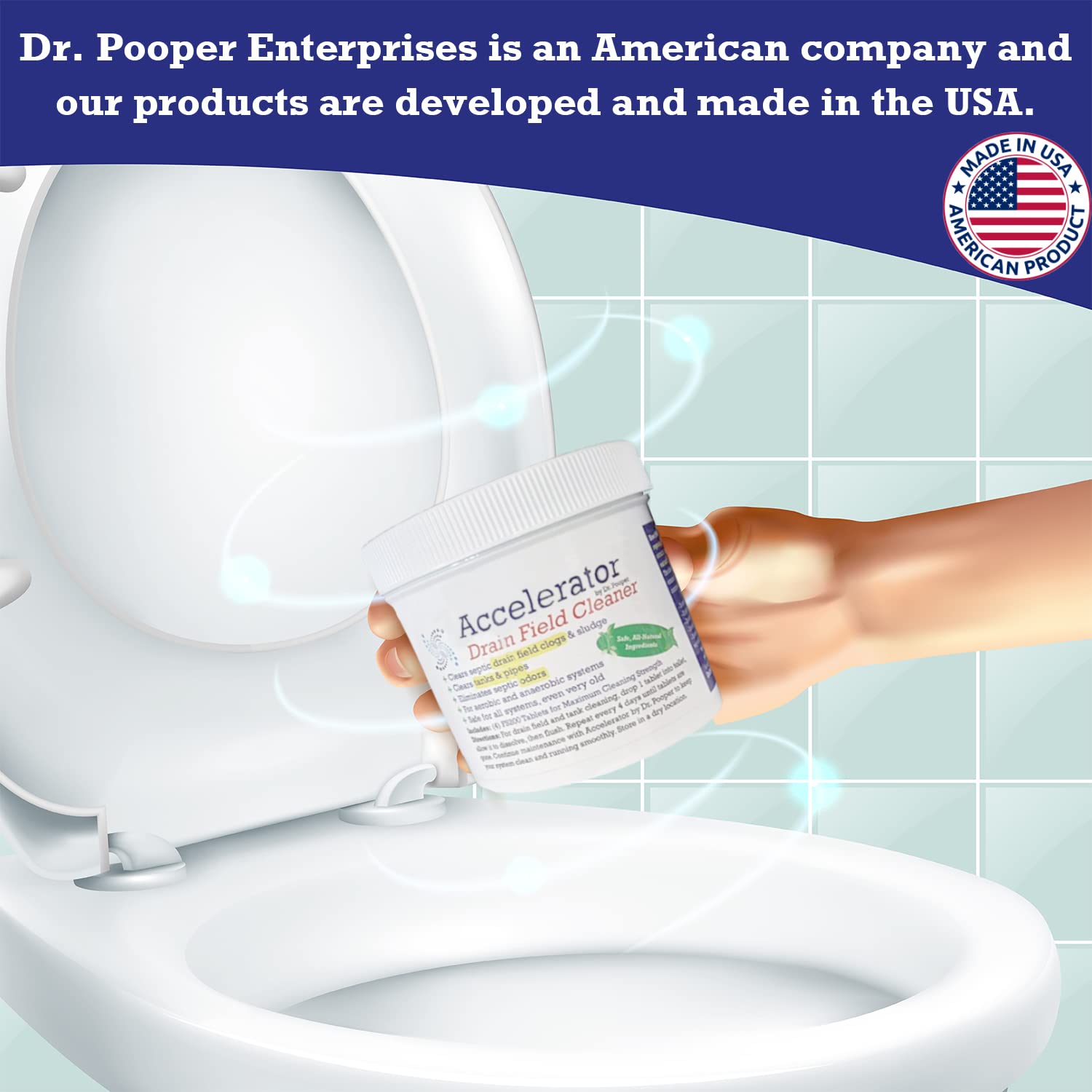 Drain Field Cleaner Tablets by Dr Pooper. Clears Septic Tanks and Drain Fields of Tough Clogs, Scum, Sludge AND Eliminates Odors FAST - Aerobic & Anaerobic Systems - Easy to Use, Just Flush.