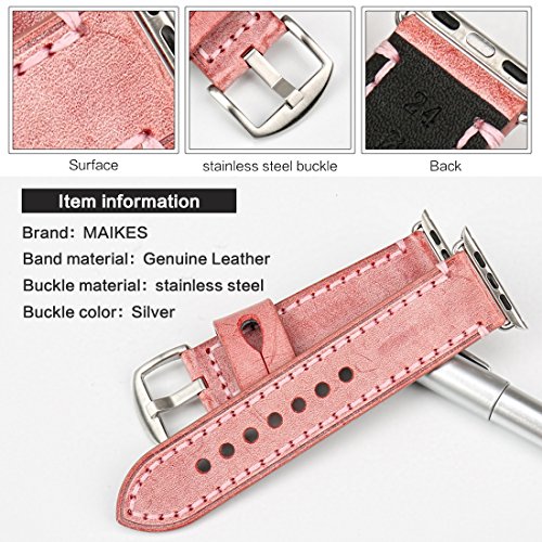 MAIKES Special Bridle Leather Apple Watch Strap for iWatch Apple Watch Band 42mm 38mm Series 3 2 1 Watchband (for Apple Watch 42mm, Red+Silver Buckle)