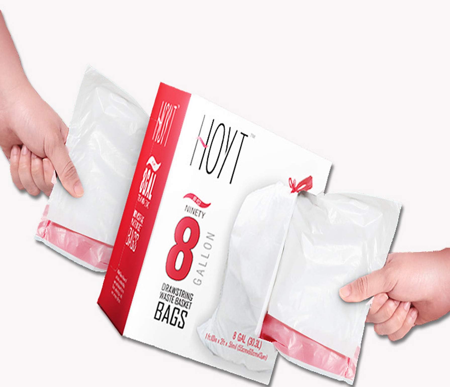 HOYT Drawstring Trash Bags Rubbish Bags Car Rubbish Bags, 1.3 Mil Extra Strong Medium Garbage bags, 3 Liter/ 8 Gallon, 90 Count box (2 rolls pack), size: 21.6"23.6", for bathroom, kitchen, office,