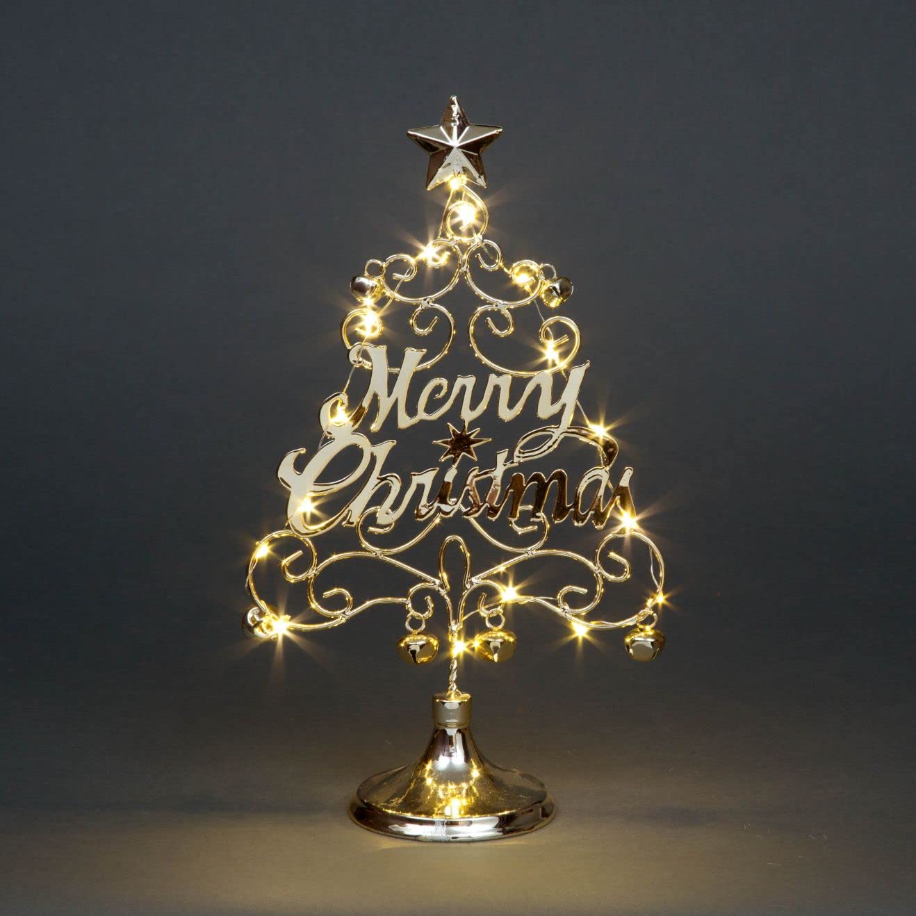 35cm Pre-Lit Table Top Golden Merry Christmas Tree With Warm White LEDs Bells Star Festive Xmas Holiday Home Office Novelty Decorations