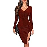 oten Women's Sparkly Deep V Neck Long Sleeve Ruched Bodycon Slit Cocktail Party Club Night Out Slim Fit Glitter Dresses