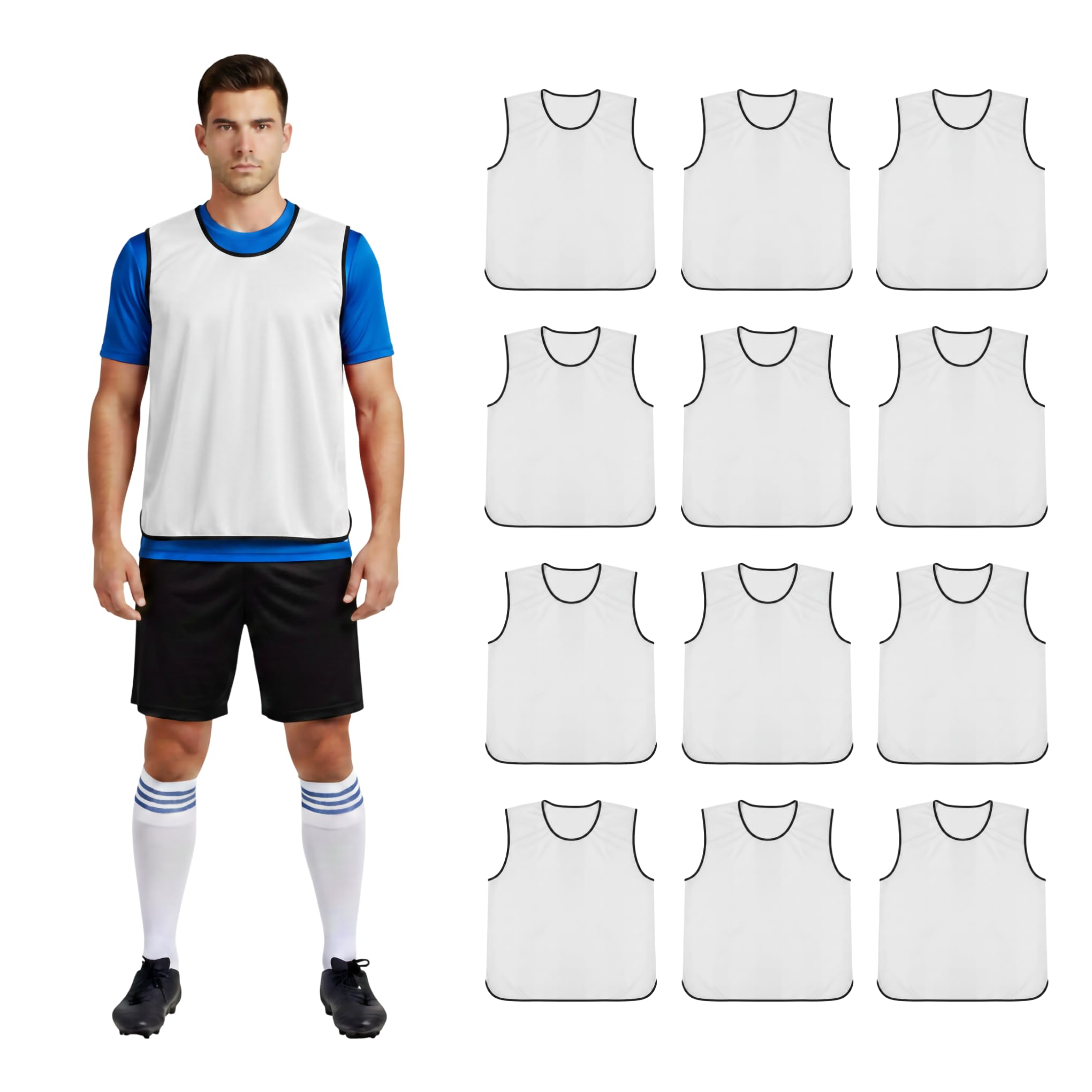 12 X Sports Training Bibs - Quick Dry Mesh Football, Netball, Soccer, Rugby, Cricket Sports Bibs Function Party Outdoor Senior Adult Youth Junior White (7-12 Years old)[Pack of 12 Bibs]