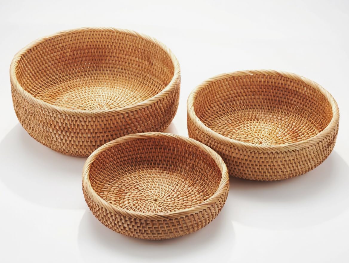 YANGQIHOME Natural Rattan Bread Baskets, Round Fruit Basket Bowls, Handwoven Storage Serving Baskets, Wicker Organizer for Dinning Room (Set of 3)
