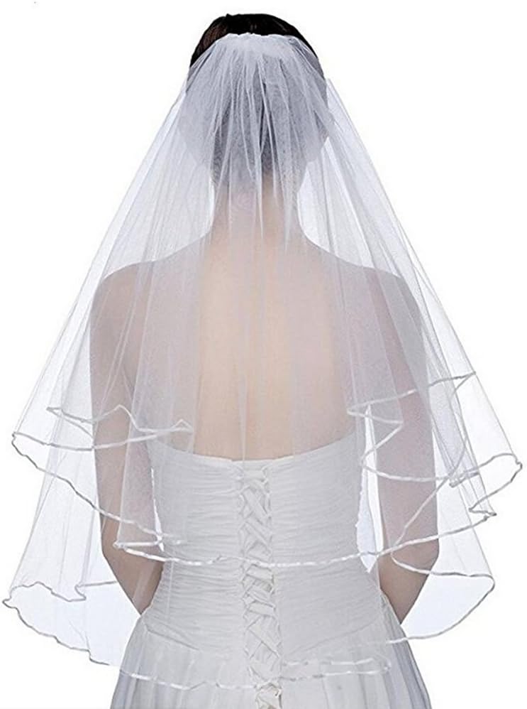 Aokaixi White Ivory Bridal Veils Two Layer Ribbon Edge Wedding Veil with Comb