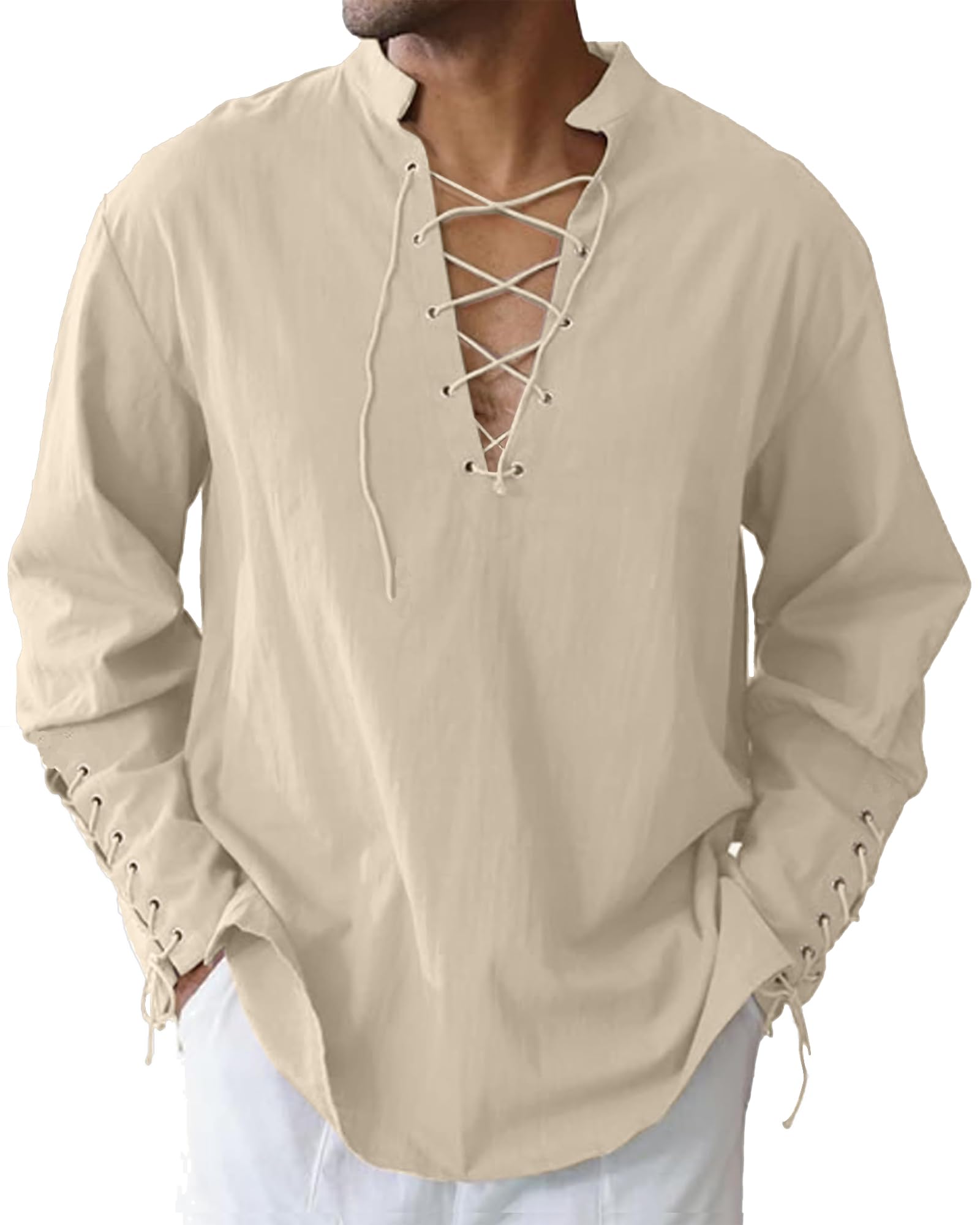 LVCBL Mens Renaissance Costume Linen Shirt Medieval Halloween Viking Pirate Costume Tops Khaki L