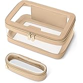 Soimeat Travel Clear Makeup Bag with Makeup Brush Bag, Leather Makeup Case Toiletry Bag, Portable Cosmetic Bag Case, Transparent Waterproof Cosmetic Organizer Storage Bag for Women, Khaki
