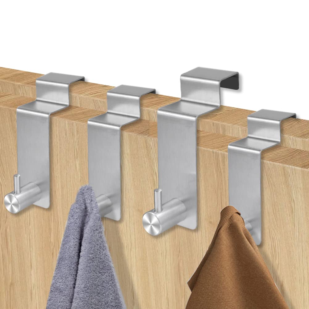 CODIRATO 4 Pack Heavy Duty Stainless Steel Over Door Hooks, No Drill Reversible Door Hanger for Towels Coats Bags, Silver Cabinet & Wardrobe Hooks for Bathroom Bedroom Kitchen Office Storage