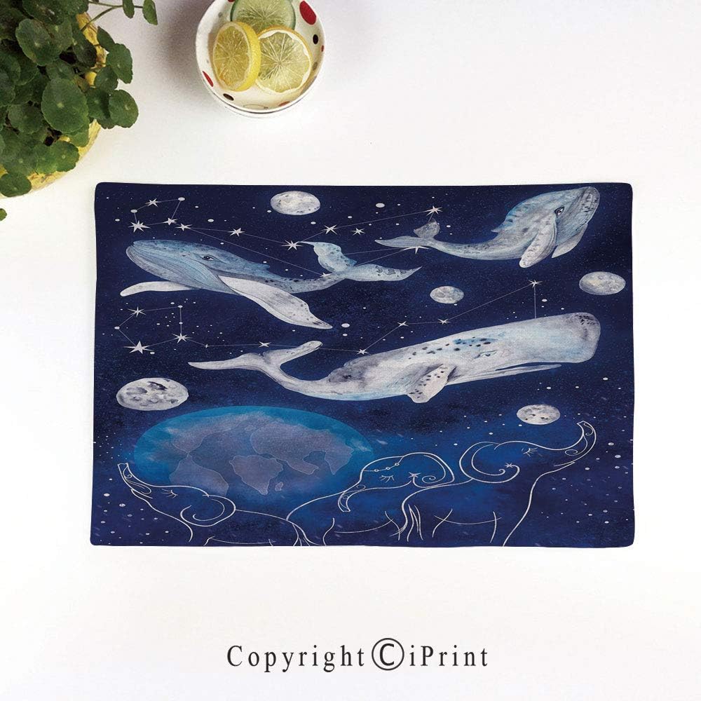 LIFEDZYLJH Linen Handcrafted Placemats,Set of 6,17.5"x11.5"Flax Table Mats,Machine Washable,Mystical Space Image with Whales Legend of Universe Planetary Angles Print,Blue Grey