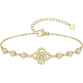 Four Leaf Clover Bracelet for Women - 14K Gold Plated Cubic Zirconia Flower Chain Bracelets, Dainty Lucky Charm Link Bracelet, Trendy Anniversary Birthday Jewelry Gift for Mom Wife Girlfriend