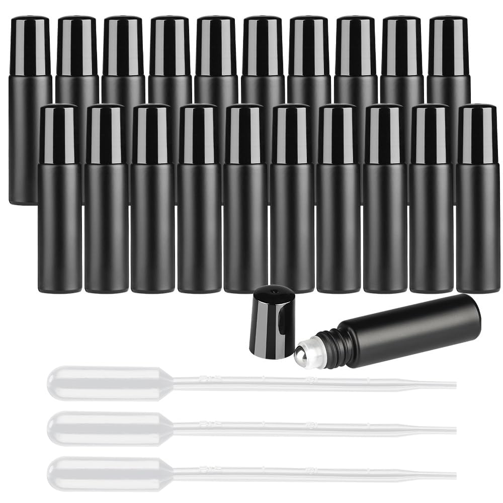 Tomorotec 20PCS Roller Bottles 10mL Essential Oil Ultra Thick Matte Black Frosted Glass (2 Openers+3 Pipettes Value Pack), Stainless Steel Roller Balls w/Black Cap