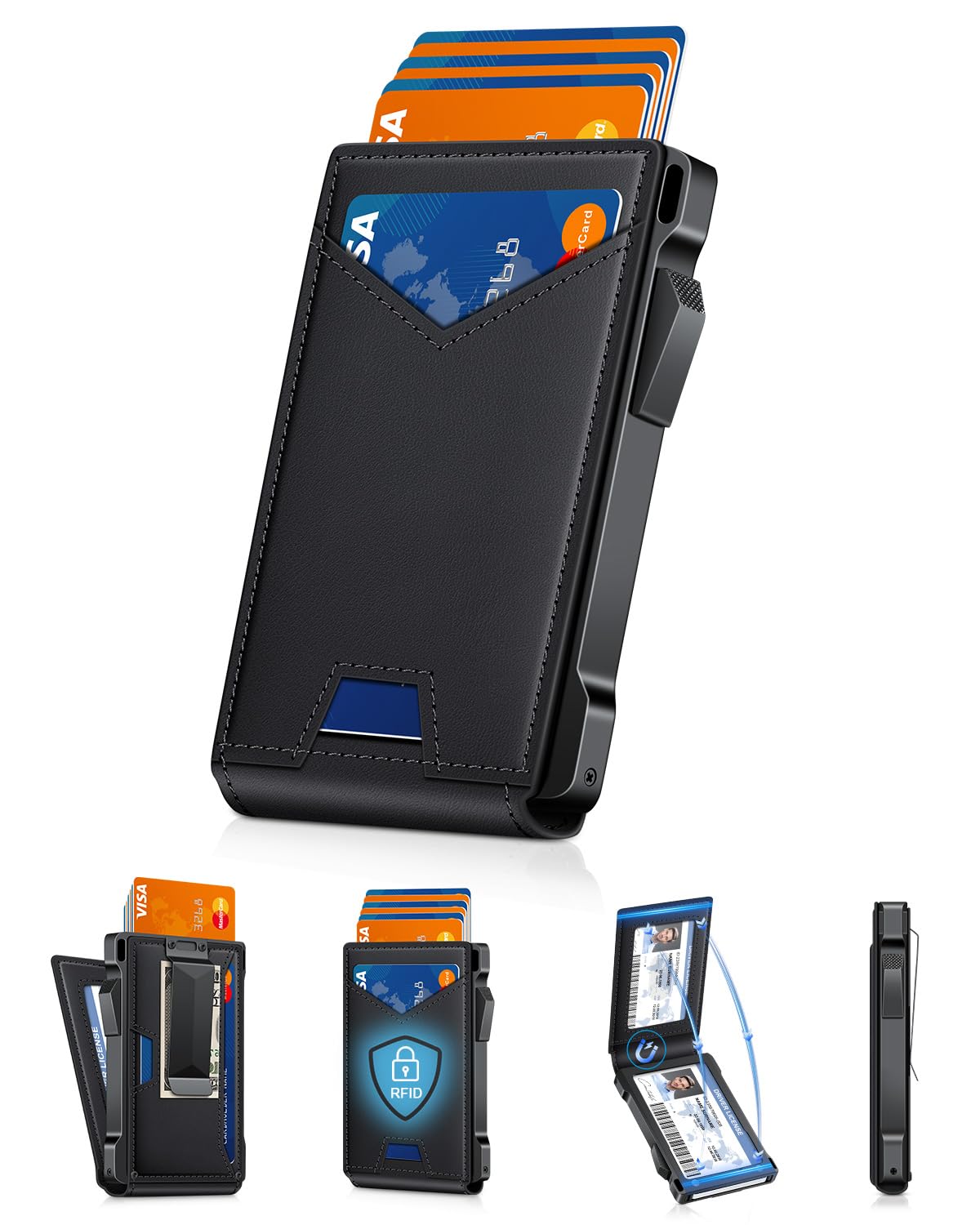 Wallet for Men RFID Wallet with 2 ID Windows & Money Clip, Slim Pop Up Card Holder for 10-12 Cards, Bifold Minimalist Smart Wallet for Front Pocket, Compact Metal Credit Card Holder, Gifts for Men Image