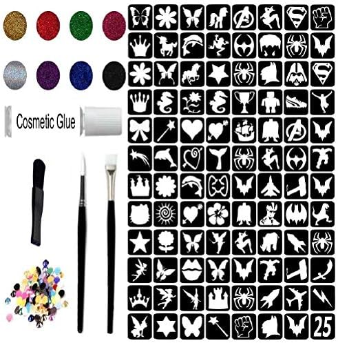 Glitter Tattoo Kit - New Girls & Boys 96 Stencils Brushes 8 Glitter 100 Gems Waterproof Adhesive (Complete Kit 25A.)