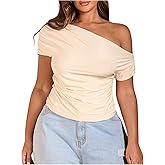 WDIRARA Women's Plus Size Off Shoulder Tee Shirt Ruched Asymmetrical Short Sleeve Tops
