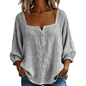 Women Square Neck 3/4 Sleeve Blouse, Button Henley Loose Summer Top