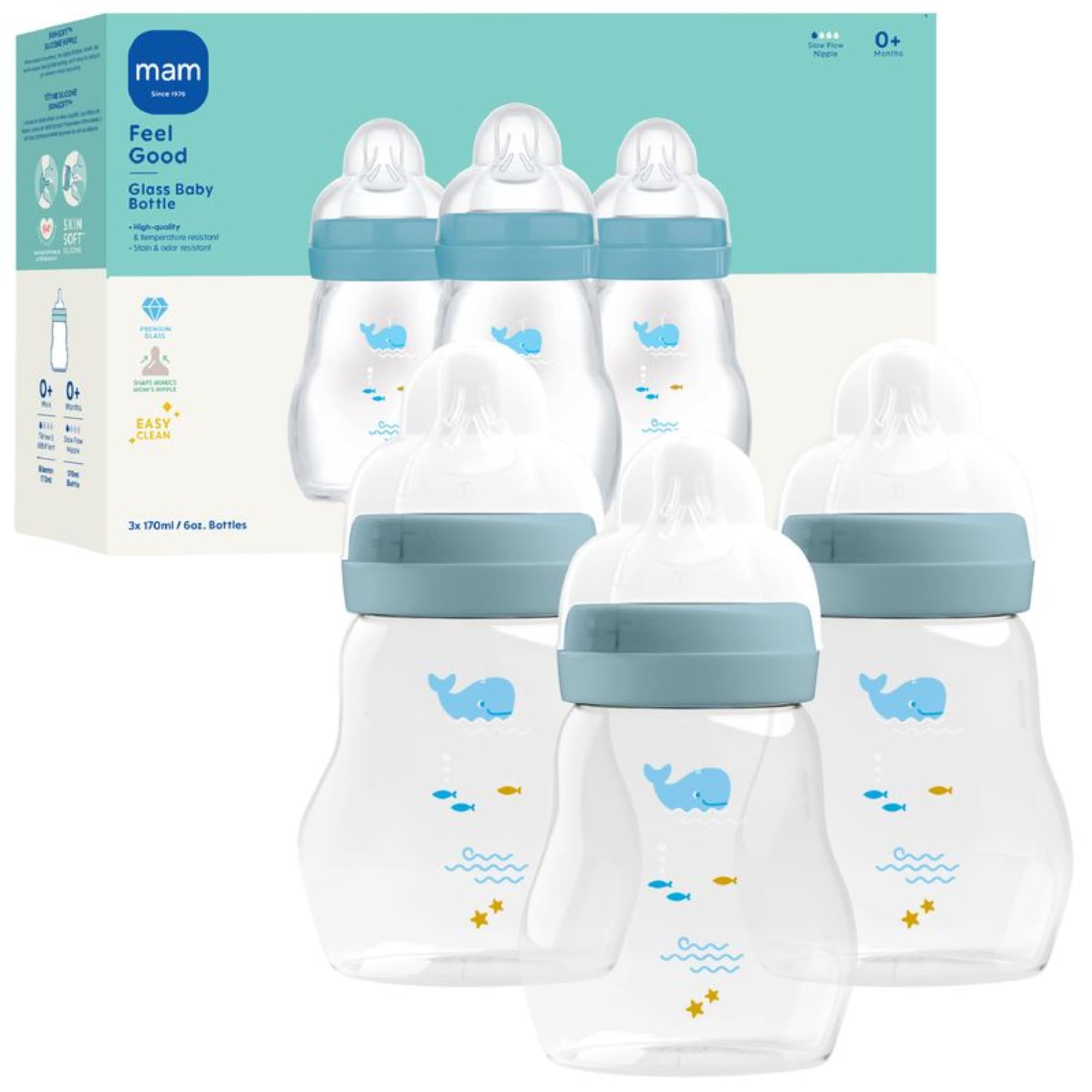 MAM Premium Glass Baby Bottles, Easy Switch Between Breast and Bottle, Feel Good Slow Flow, Newborn Essentials Must Have, 0+ Months, BPA Free, 6oz, Boy, 3 Pack Image