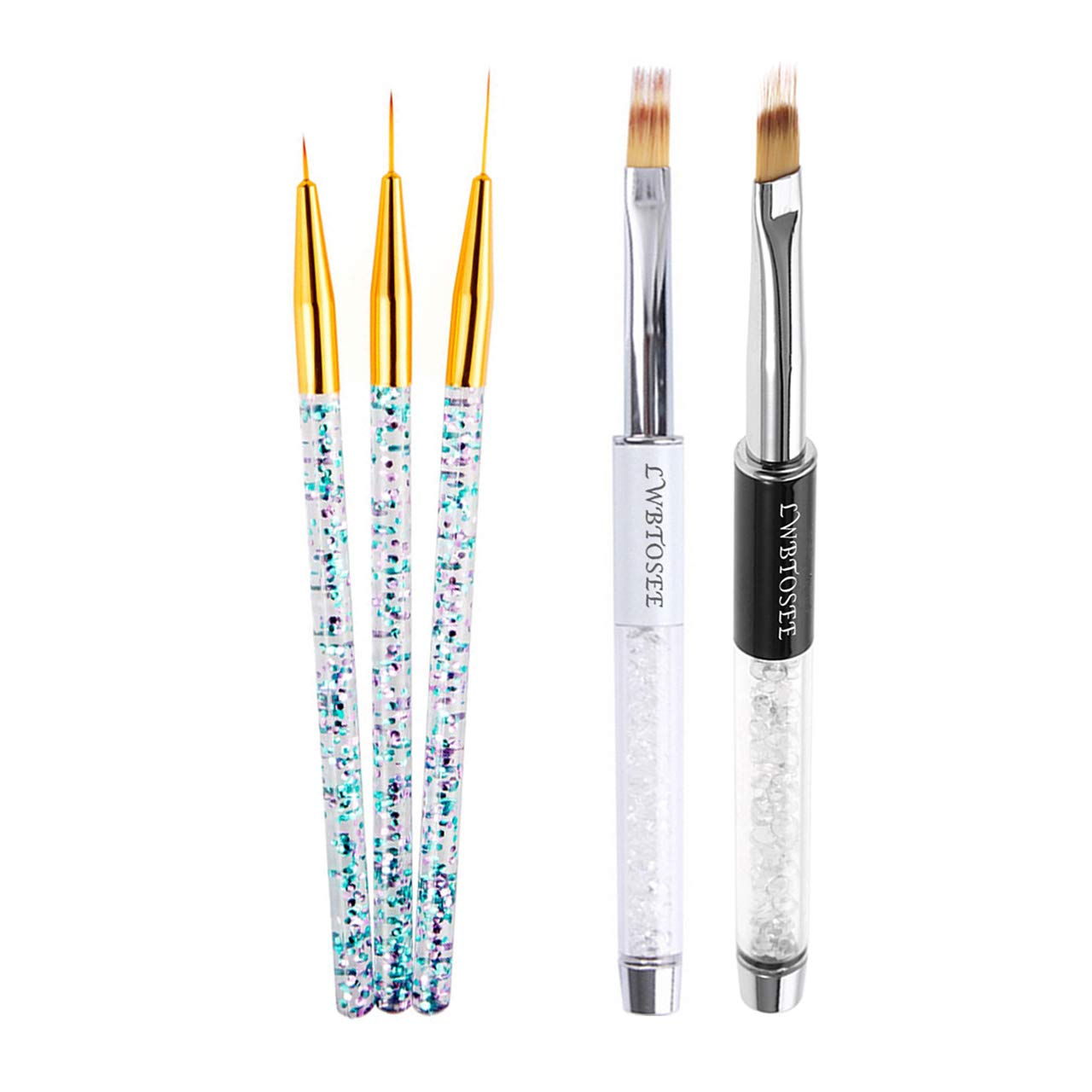 LWBTOSEE 2pcs Ombre Nail Brush and 3pcs Nail Liner Brush UV Gel Polish Gradient Nail Art Painting Pen Brush Rhinestone Crystal Acrylic Nail Drawing Pen Brush Tool (Golden)