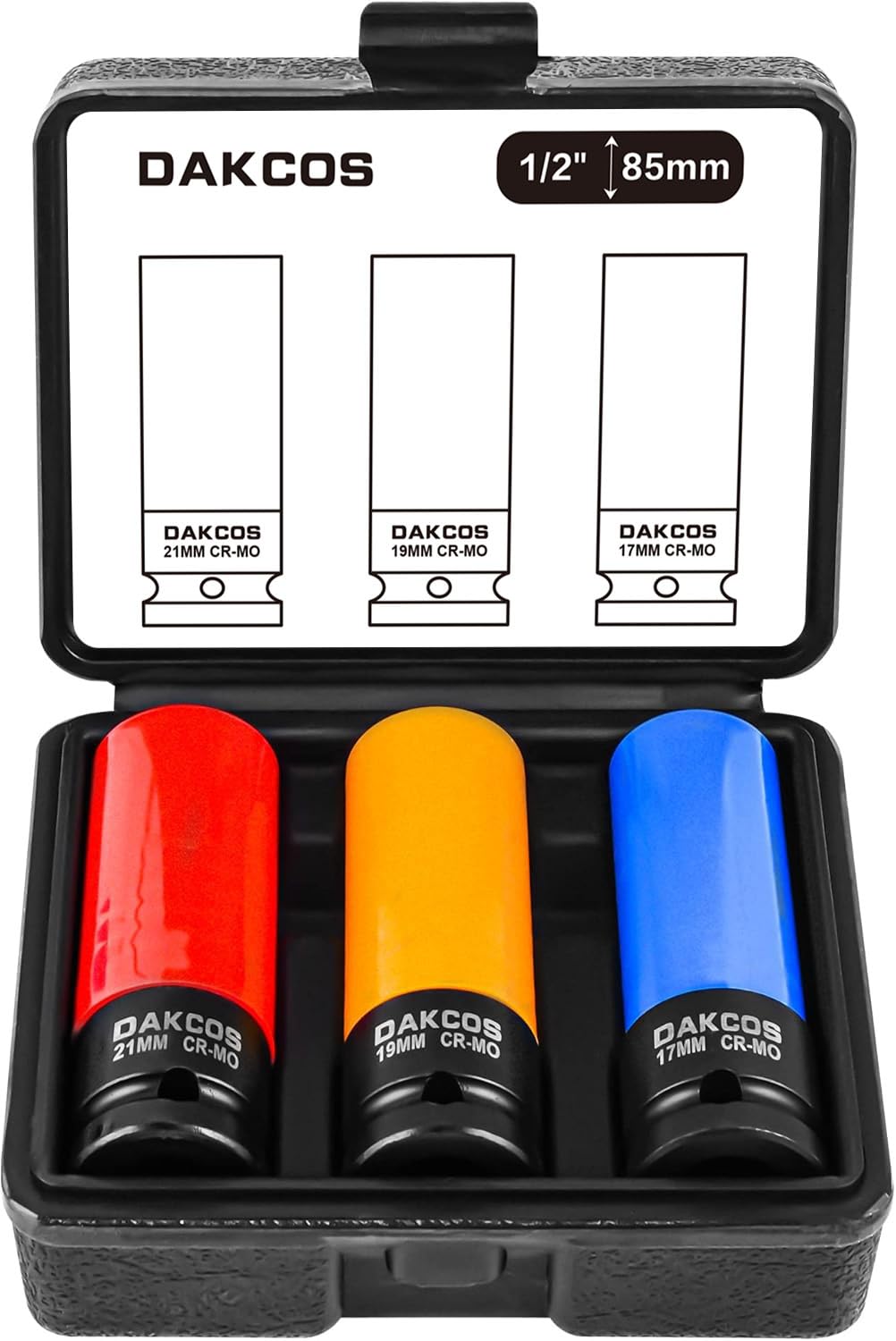 DAKCOS 3PCS 1/2-Inch Drive Lug Nut Impact Socket Set, 17mm, 19mm, 21mm Wheel Protector, Thin Wall Deep Socket Set with Plastic Sleeve, 6 Point Cr-Mo — image 1