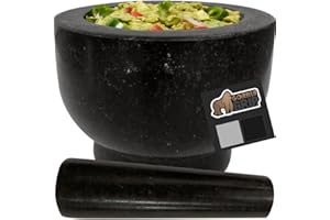 Gorilla Grip Heavy Duty 100% Granite Mortar and Pestle Set, Slip Resistant Foam Base, Grind Spice and Herbs, Stone Molcajete Bowl for Guacamole, Salsa, Garlic Crusher Kitchen Tool, 2 Cup, Black