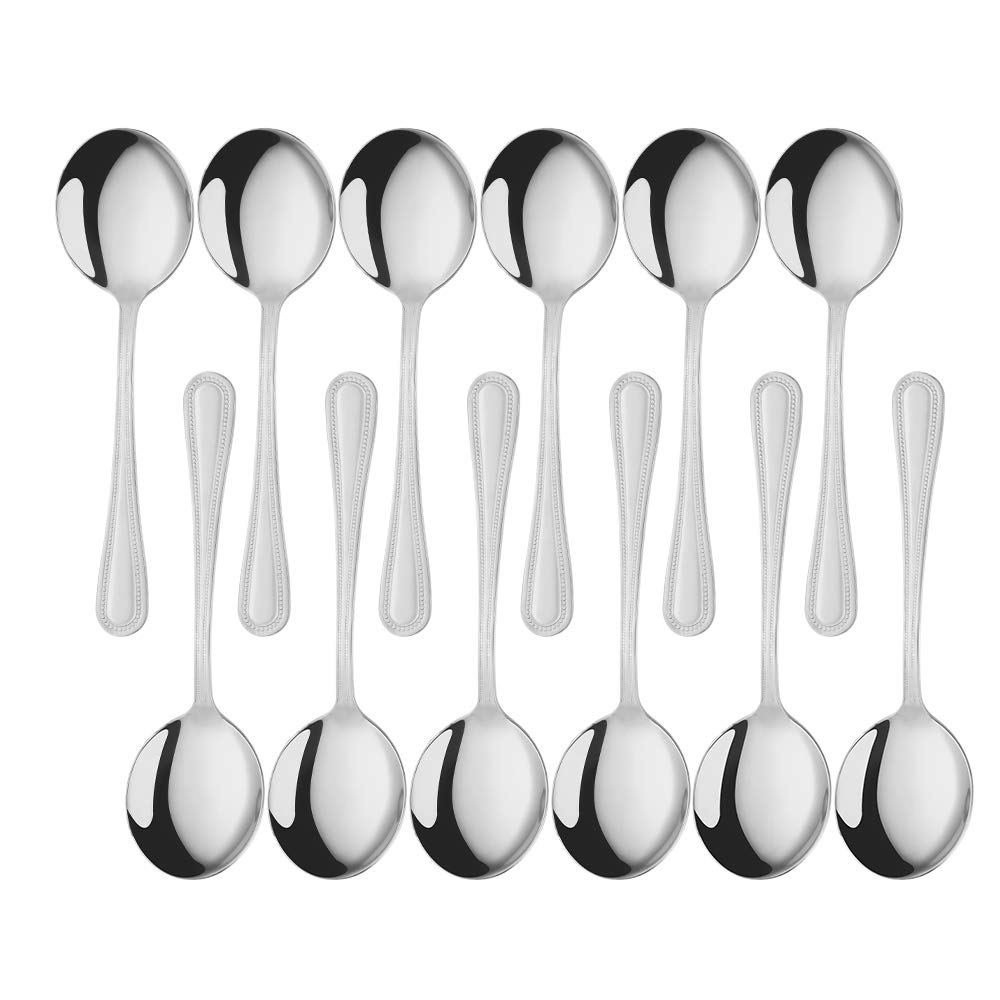 Round Bouillon Spoons, 12 Pieces Silver Stainless Steel Spoon Set for Home Kitchen and Restaurant, Buyer Star Soup Spoons
