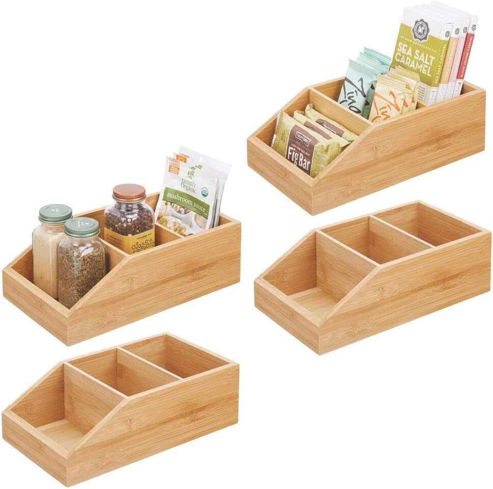 mDesign Bamboo Wood Food Storage Bin with Divided 3 Compartments and Sloped Front for Kitchen Cabinet, Pantry, Shelf to Organize Seasoning Packets, Powder Mixes, Spices, Snacks - 4 Pack - Natural
