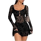 Milumia Women's Floral Lace Cut Out Mini Dress Sexy Long Sleeve Bow Decor Party Club Mesh Short Dresses