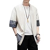 Ambcol Men's Japanese Kimono Cardigan Loose Cotton Linen 3/4 Sleeve Open Front Casual Summer Shirt Jackets