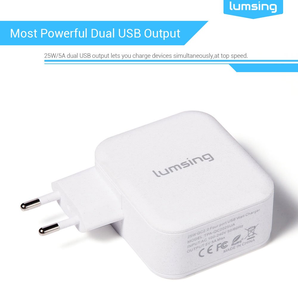 Lumsing Caricabatterie da muro 4 Porte USB (3 Porte Intelligenti + 1 Porta Quick Charge) Caricatore Portatile da Viaggio per iPhone, Samsung, HTC, Nokia iPad, iPod, Nexus - Bianco
