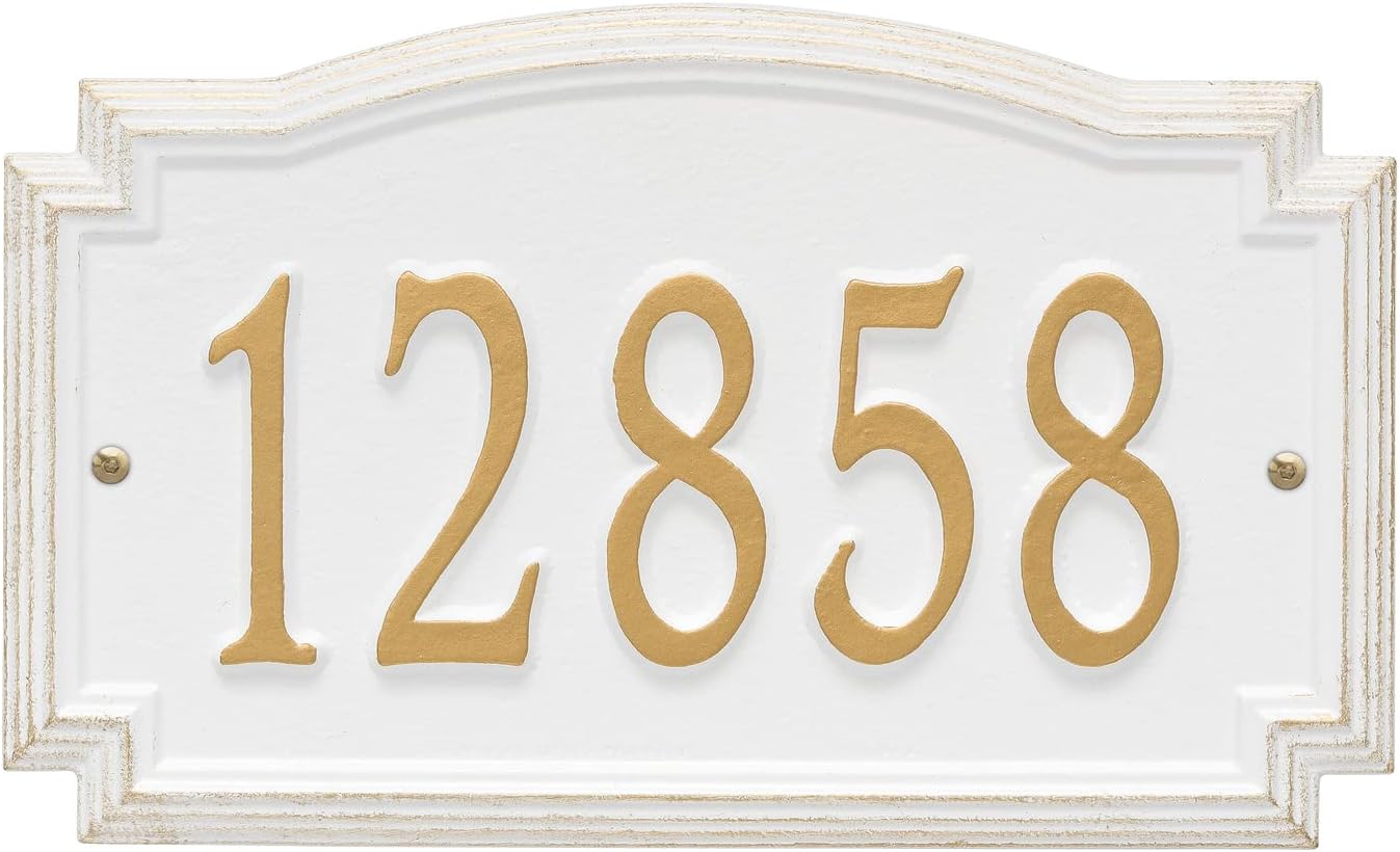 Address Signs - Whitehall Barcelos Personalized Cast Metal Address Plaque Custom House Number Sign 3343WG with One Line in White and Gold Color 14 X 8.5