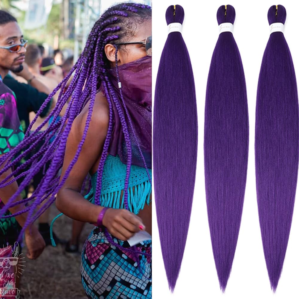 Photo 1 of Umylar Purple Braiding Hair Extensions 32 '' Pre stretched Braiding Hair Hot Water Setting Synthetic Hair Pre Stretched Crochet Braids Hair(3 Packs,Purple#?