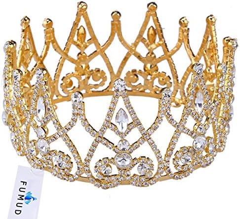 FUMUD 3" Rhinestone Crystal Full Circle Around Gold Prom Accessories Women's Crown Round Imperial Tiara Party Jewelry