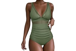 V Neck Swimsuit for Ladies Ruched Tummy Control Bathing Suits Sheer Mesh Slim Swimwear One Piece Summer Monokini