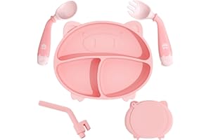 Deejoy Baby Feeding Set, Toddler eating Utensil set with Spoon Fork and Removable Straw for Self Feeding, Baby Led Weaning Utensils Microwave & Dishwasher Safe - Pink