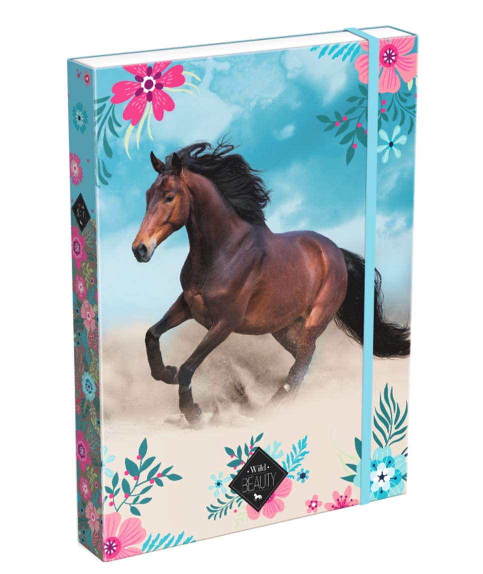 Theonoi Cute Horse Motif Laminated – Collector's Box/Notebook Box/Drawing Box/Document Organiser with Elastic Band for Children – DIN A4 (Horse 02)