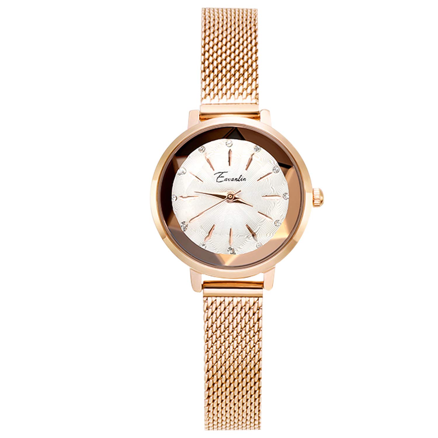 RORIOS Elegant Women Watch Analogue Quartz Watches Diamond Cutting Glass Mirror Dial Lady's Wrist Watch with Mesh Band Fashion Watch for Girls