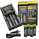 Nitecore D2 smart battery Charger with LCD display For Li-ion, IMR, LiFePO4 26650 22650 18650 17670 18490 17500 18350 16340 RCR123 14500 10440 Ni-MH And Ni-Cd AA AAA AAAA C Rechargeable Batteries with 4 x EdisonBright Ni-MH rechargeable AA batteries bundle