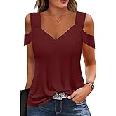 Soesdemo Womens Short Sleeve Tops Casual V Neck Cold Shoulder Comfy T Shirts Trendy Basic Tunics Tank Top