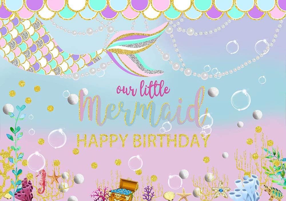 NIVIUS PHOTO 7x5ft Under the Sea Little Mermaid Birthday Party Backdrop Girl Birthday dessert table decoration supplies Princess Banner W-2272