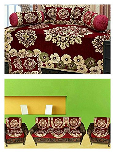 ST Decor Store Combo Velvet Sofa Cover (Set of 6), 500 TC Velvet Diwan set,(Set of 8) 1 single bedsheet (90 x 58 inches), 5 Cushion Covers (16 x 16 inches) and 2 Boester Covers (32 x 18 inches) Maroon