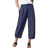 Korebow Women's Summer Linen Yoga Pants Wide Leg Capris Cropped Pants with Pockets Lounge Casual