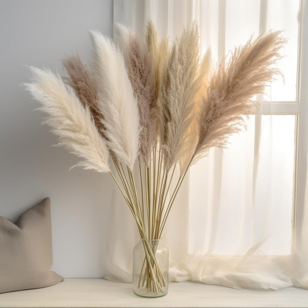 Dried & Preserved Flora - Pampas Grass Decor Tall - 10 Stems Pampas Grass - 40-Inch Large Pampas Grass for Home & Office - Natural Dried Pampas Grass for Floor Vase - Gray, White & Beige Pampas Grass for Modern Home Decor