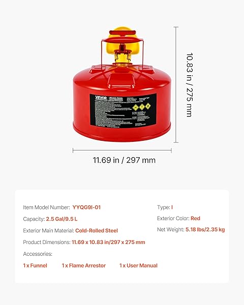 VEVOR SAFETY METAL CONTAINER, 2.5 GALLON TYPE I RED METAL CONTAINER FOR LIQUID MATERIAL WITH STAINLESS STEEL FLAME ARRESTER, SELF-CLOSING LID & PE FUNNEL, CARBON STEEL FLAMMABLE SAVING WITH HANDLE