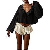 Floerns Women's Lantern Sleeve Crop Blouse Layered Ruffle Tie Front V Neck Dressy Shirts