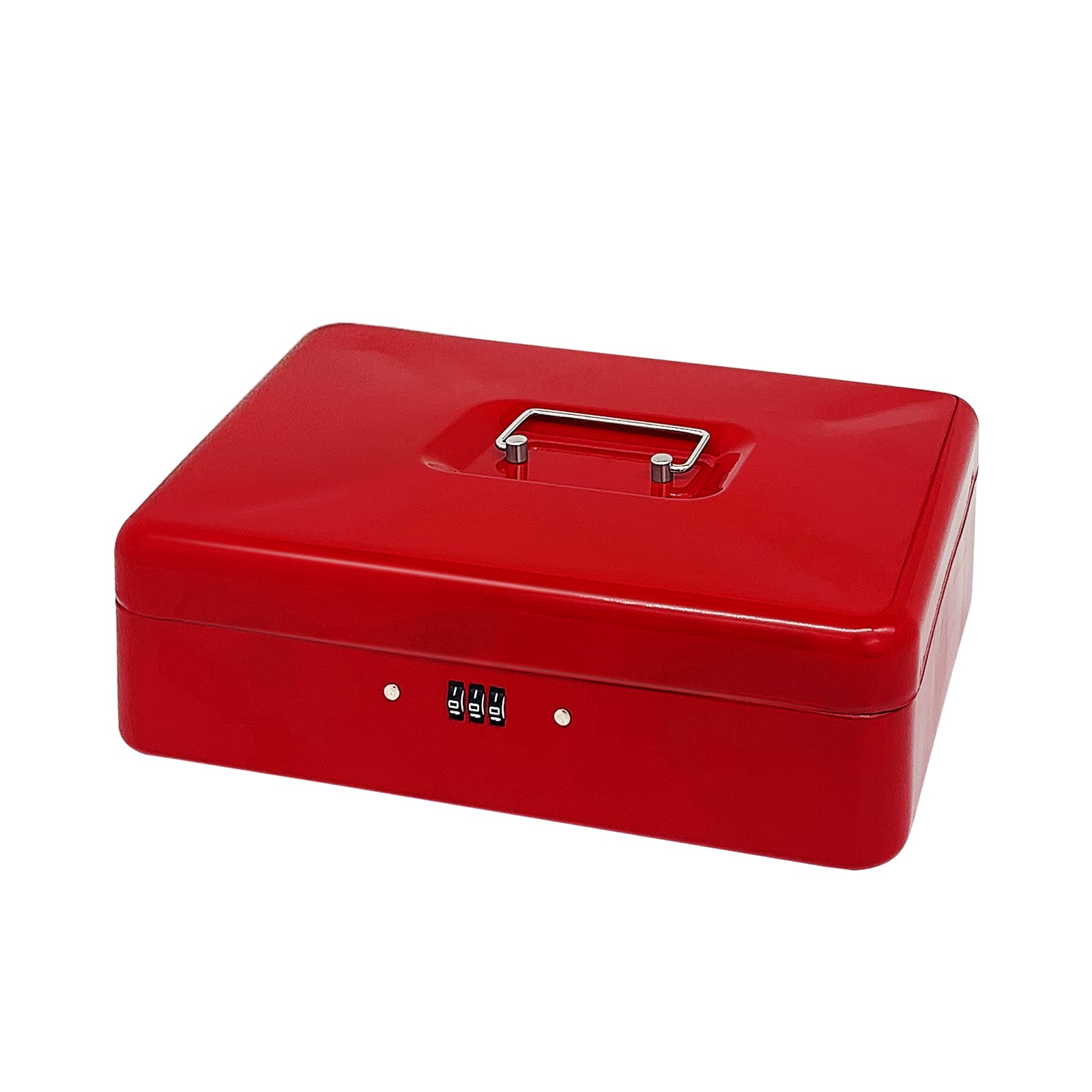 Steel Cash Box with Combination Lock, Metal Small Money Organizer with Removable Money Tray,Cash Storage Box with Lockable Cover (Red- 30 * 24 * 9 CM)